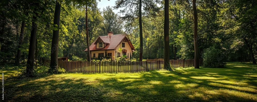 Home surrounded by trees and a fence, trust in both natural and built security, Security, Nature, Trust Home surrounded by trees and a fence, trust in both natural and built security, Security, Nature, Trust