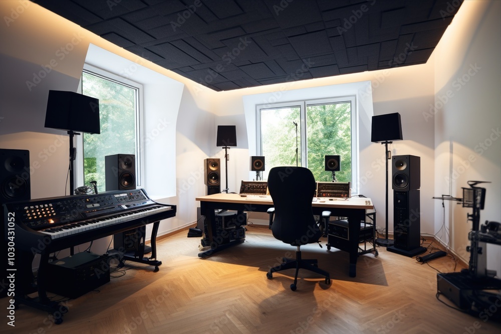 Fototapeta premium A recording studio with a keyboard, chair, speakers, and a computer. The property for music production