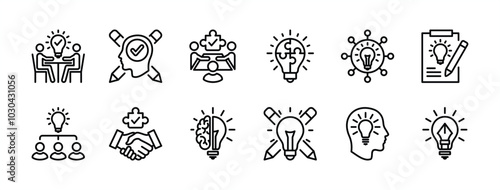 Business creativity thin line icon set. Containing light bulb, teamwork, puzzle, meeting, handshake, thinking, innovation, solution, team management, creative idea, invention, education. Vector 
