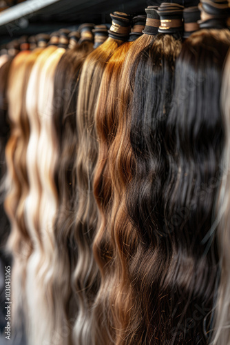A collection of hair extensions in various shades, displayed on a rack in a beauty salon setting. Selective focus.	