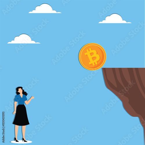 Businesswoman watching bitcoins falling from the cliff