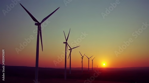 Wind turbines stand tall against a beautiful sunset, showing how clean energy can work with nature. It's a peaceful picture of a sustainable future. photo