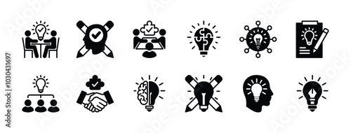 Business creativity icon set. Containing light bulb, teamwork, puzzle, meeting, handshake, thinking, innovation, solution, team management, creative idea, invention, education. Vector illustration