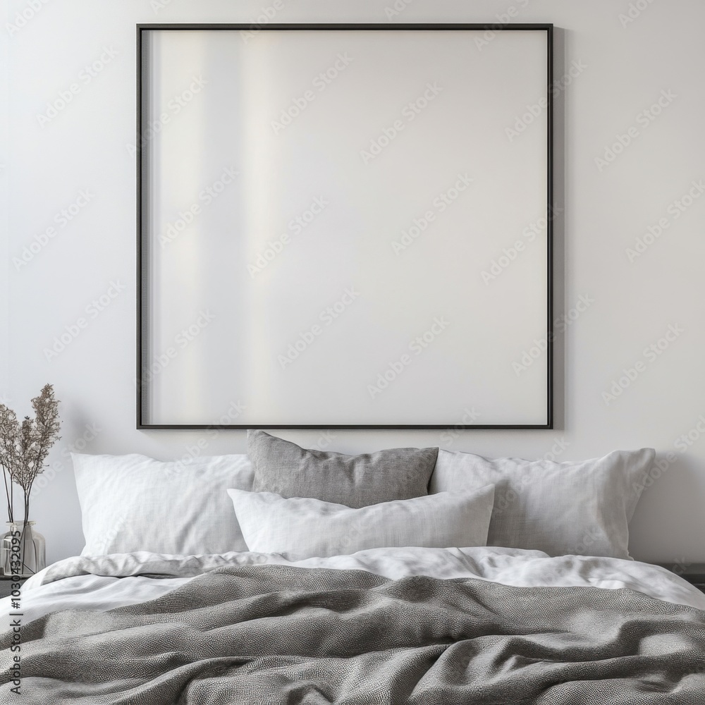Naklejka premium Minimalist bedroom with neutral-toned bedding and large empty picture frame on wall