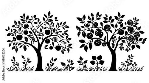 Apple tree laden with ripe fruit in an autumn orchard, vector illustration art