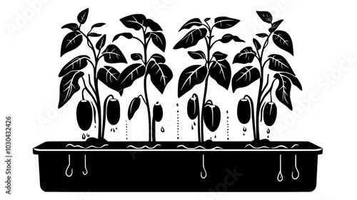Bell peppers in raised beds irrigated by catfish tank overflow, vector illustration art
