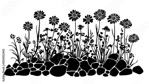 Blanket flowers in a xeriscape garden with rock mulch, vector illustration art