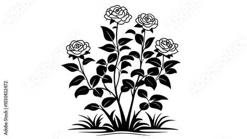 A blooming rose bush in a residential garden, surrounded by green foliage, vector illustration art
