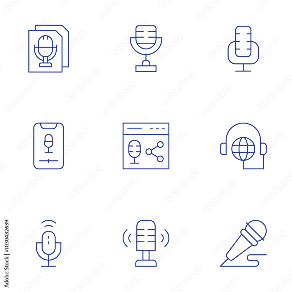 Podcast icons set. Thin Line style, editable stroke. microphone, script, smartphone, voice control, podcast Podcast icons set. Thin Line style, editable stroke. microphone, script, smartphone, voice control, podcast