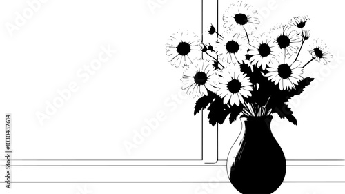 Bouquet of daisies in a ceramic vase on a windowsill, vector illustration art