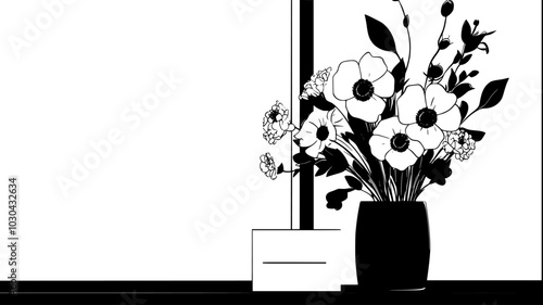 Bouquet of mixed flowers with note card on doorstep, vector illustration art