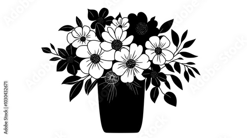 Bouquet of mixed flowers resting in a cylindrical ceramic vase, vector illustration art