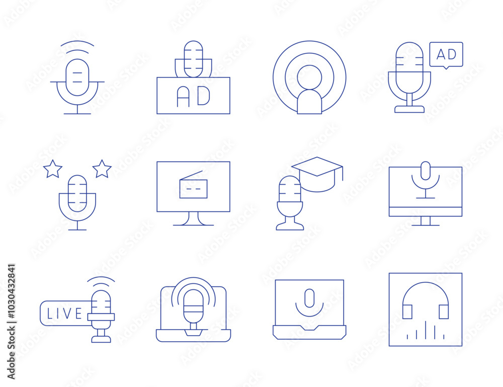 Podcast icons. Thin Line style, editable stroke. ad, advertising, computer, laptop, listen now, live, podcast Podcast icons. Thin Line style, editable stroke. ad, advertising, computer, laptop, listen now, live, podcast