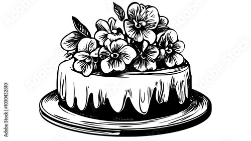 Candied violets decorating the top of a frosted cake, vector illustration art