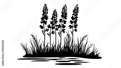 Cardinal flowers growing along the banks of a creek, vector illustration art