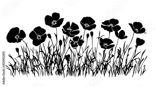 California poppy blooms in a field with grass, vector illustration art