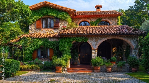 A beautiful stone house with a terracotta roof and ivy growing on the walls. The house has a large arched doorway and a gravel driveway. There are flowers and plants in pots in front of the house.