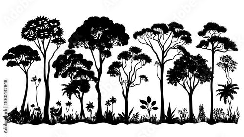 Chicle trees with bark cuts in Central American forest, vector illustration art