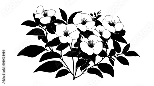 Cistus shrub covered in flowers with sticky leaves, vector illustration art