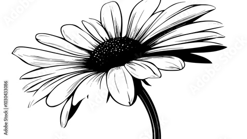 A close-up of an Oxeye daisy flower surrounded by its green leaves, vector illustration art