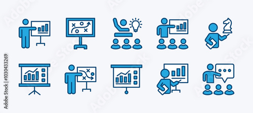 Set of presentation, meeting, conference, seminar, communication, and discussion icon vector. Containing coach, instructor, growth chart, strategy, opinion ideas, brainstorm, business training