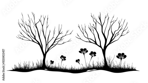 Cyclamen growing in drifts under bare deciduous trees, vector illustration art