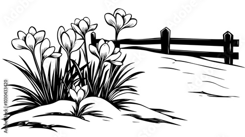 Crocuses emerging from snow-covered ground near a fence, vector illustration art