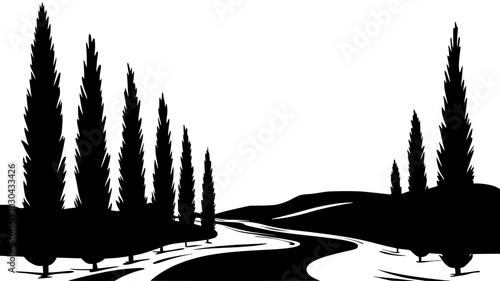 Cypress trees lining a driveway in a Mediterranean setting, vector illustration art