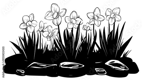 Daffodils growing in clusters along a stone pathway, vector illustration art