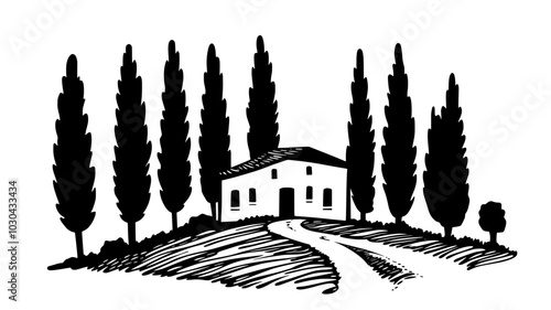 Cypress trees lining driveway to stone farmhouse, vector illustration art