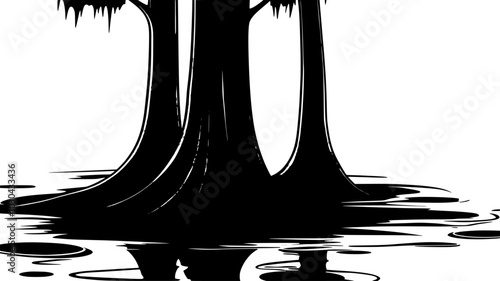 Cypress trees with knees in a swampy forest, vector illustration art