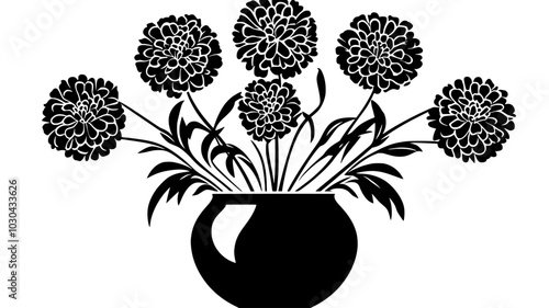 A display of marigolds placed in a round vase, with stems tightly gathered, vector illustration art