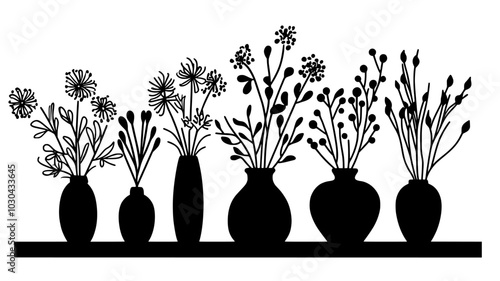 Dried flowers arranged in a ceramic vase on a wooden shelf, vector illustration art