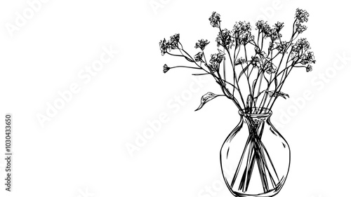 Dried flower arrangement in a clear glass vase sitting on a desk, vector illustration art