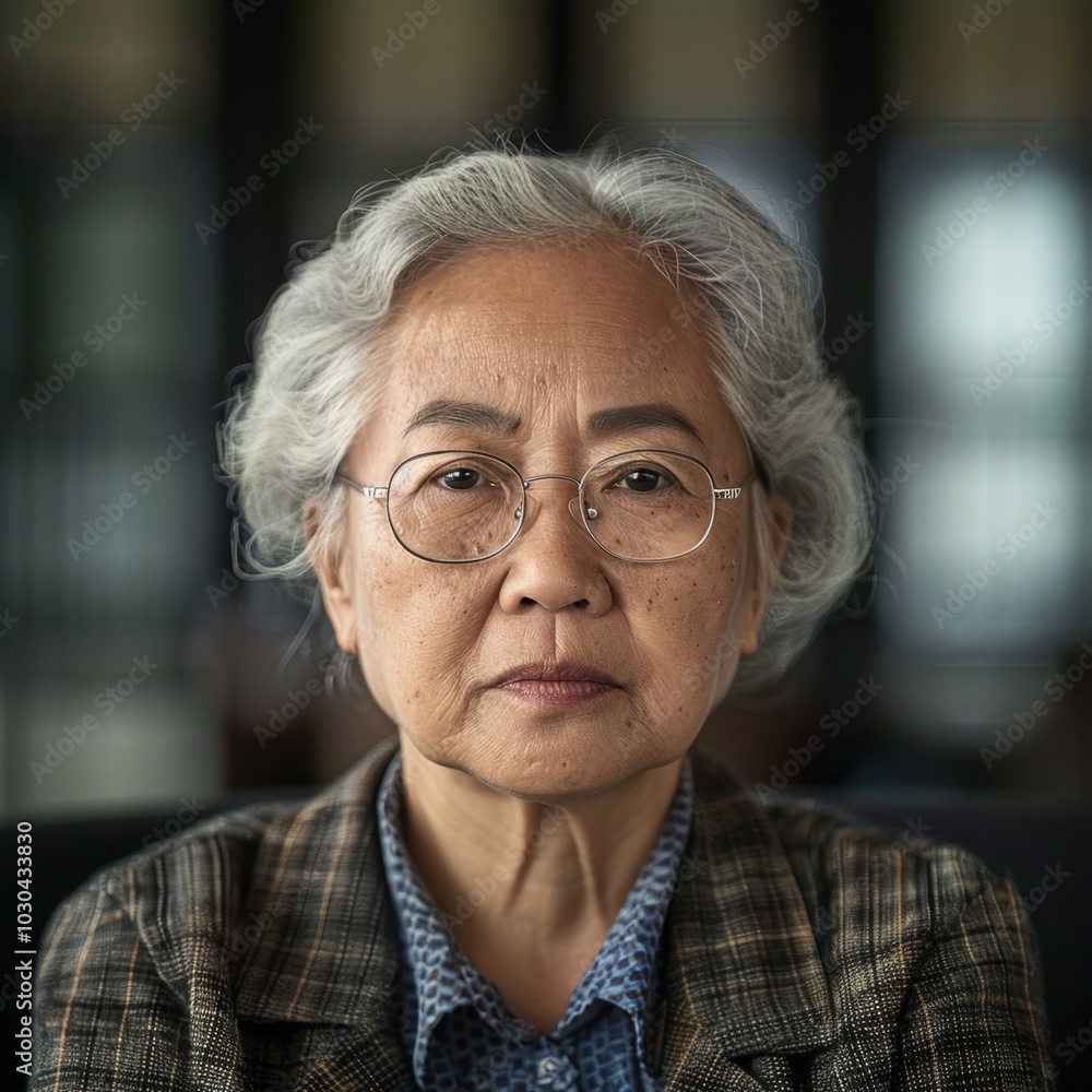 A woman with glasses and gray hair is sitting in a chair A woman with glasses and gray hair is sitting in a chair