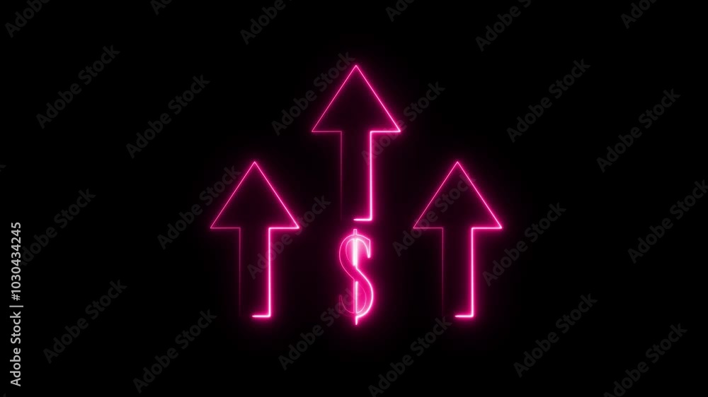 Glowing neon line of dollar sign icon and up arrow Glowing neon line of dollar sign icon and up arrow