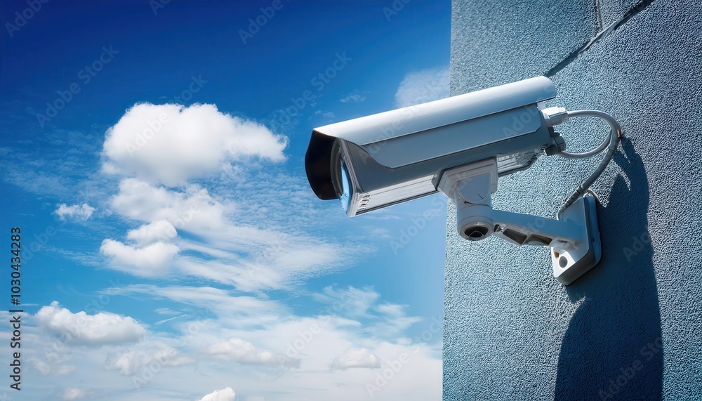 Surveillance camera mounted on wall against blue sky background Surveillance camera mounted on wall against blue sky background