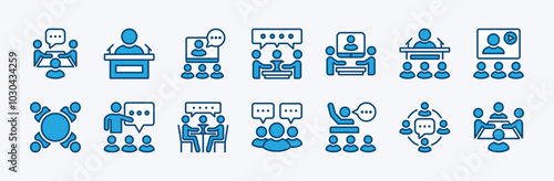 Set of business conference icon vector. Containing meeting, classroom, seminar, communication, discussion, coach, instructor, training, presentation, teamwork, group people, online, office