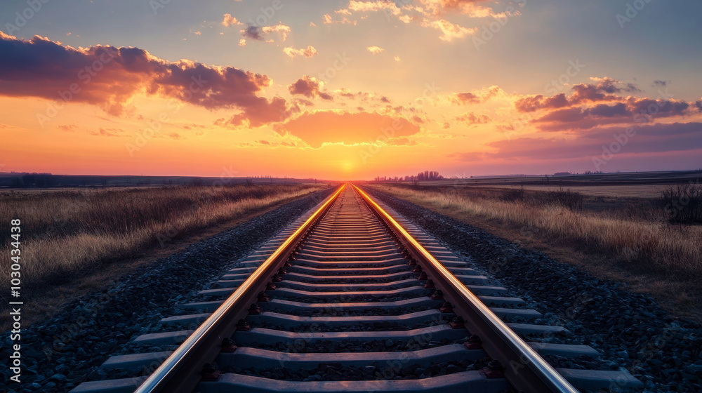 Empty railway tracks stretching into the distance with a sunset backdrop, quiet and serene Empty railway tracks stretching into the distance with a sunset backdrop, quiet and serene