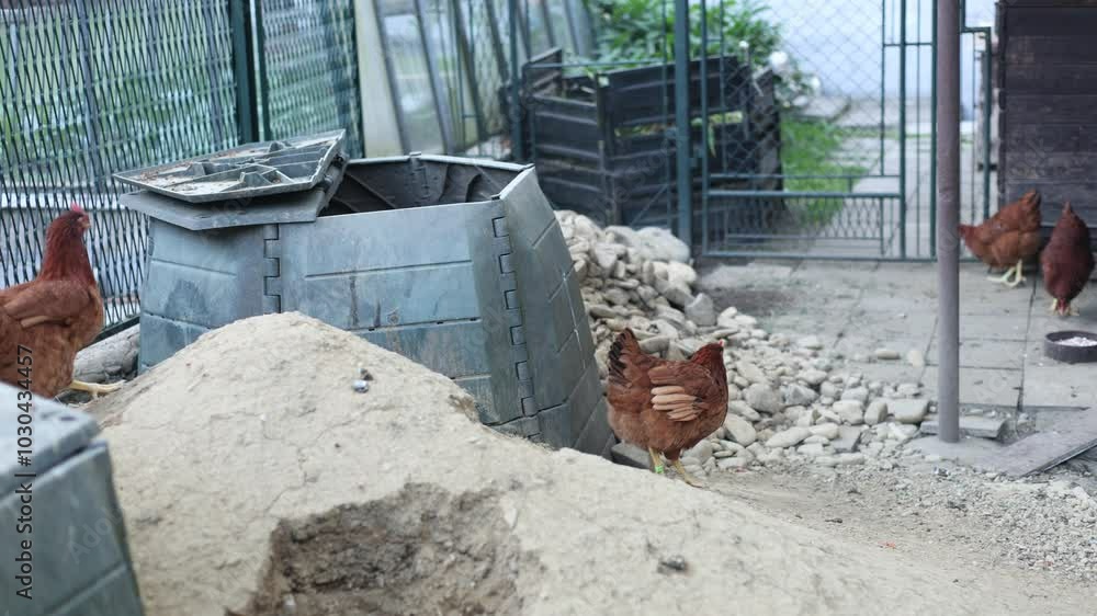 Brown hens in their pen Gallus gallus domesticus, from pecking to jumping and running. Captured in vibrant 4K, watch their natural movements and curious behaviors in detail