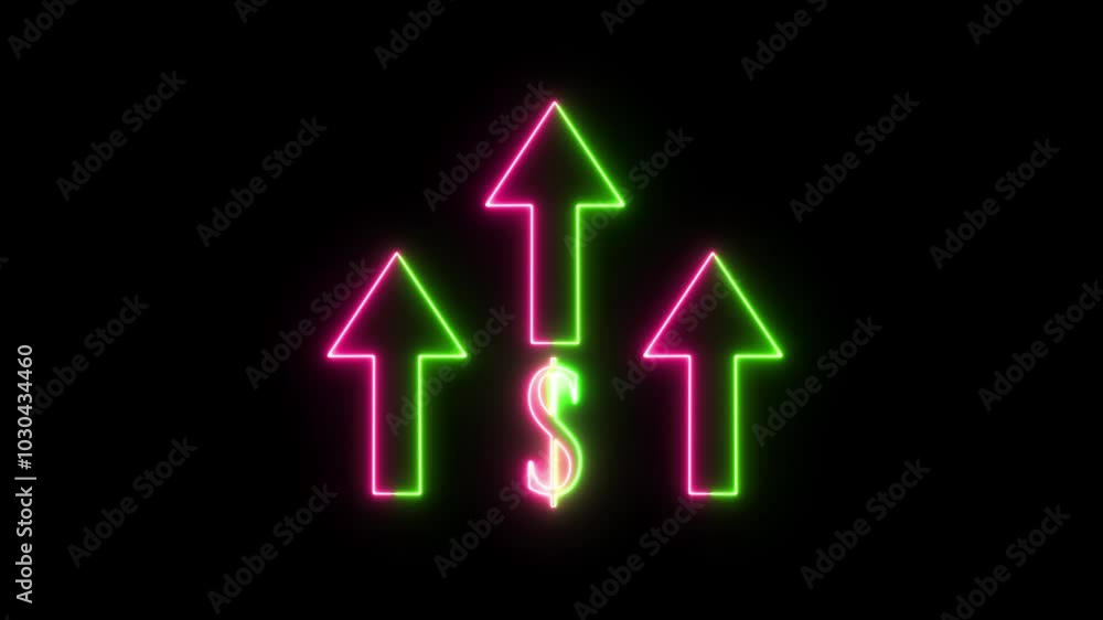 Glowing neon line of dollar sign icon and up arrow Glowing neon line of dollar sign icon and up arrow