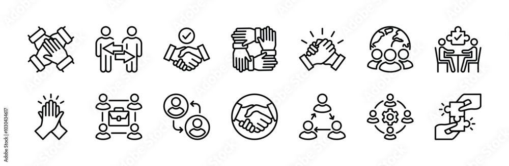 © Vilogsign - Successful business collaboration thin line icon set. Containing teamwork, cooperation, team working together, agreement, handshake,  support, help, group people, partnership, organization. Vector © Vilogsign - Successful business collaboration thin line icon set. Containing teamwork, cooperation, team working together, agreement, handshake,  support, help, group people, partnership, organization. Vector
