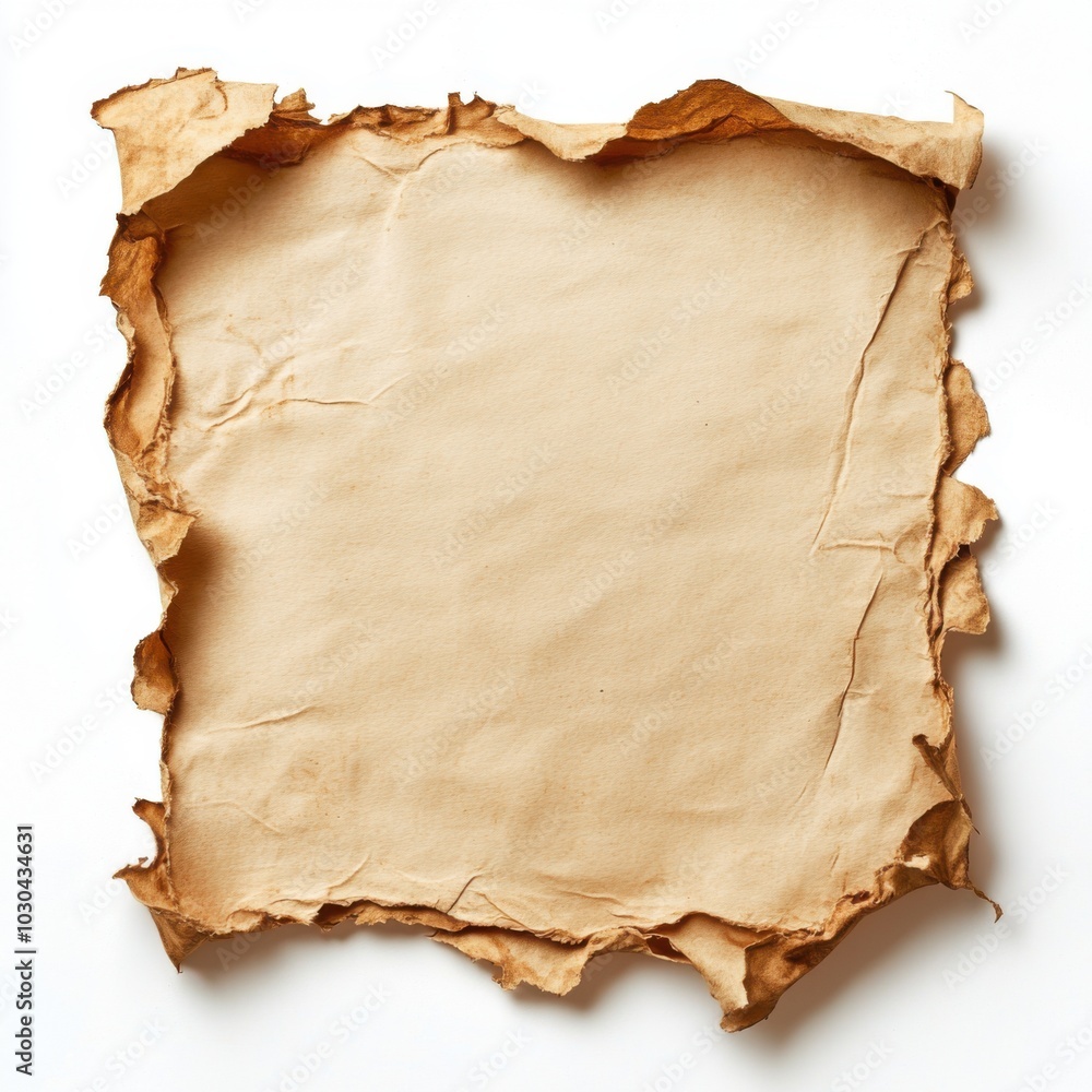 Old, torn, blank parchment paper with burnt edges set on white background Old, torn, blank parchment paper with burnt edges set on white background