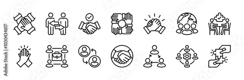Successful business collaboration thin line icon set. Containing teamwork, cooperation, team working together, agreement, handshake,  support, help, group people, partnership, organization. Vector