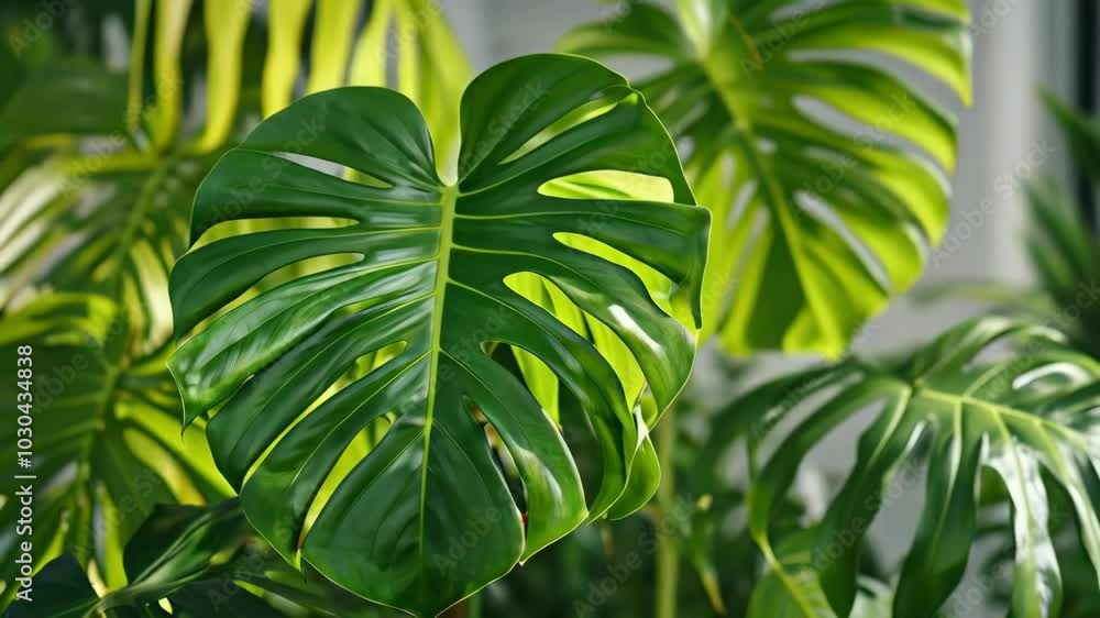 Close-up of a Lush Green Monstera Leaf, 4K Ultra HD footage Perfect for Professional Projects, tech presentations, product showcases and professional digital content. Close-up of a Lush Green Monstera Leaf, 4K Ultra HD footage Perfect for Professional Projects, tech presentations, product showcases and professional digital content.