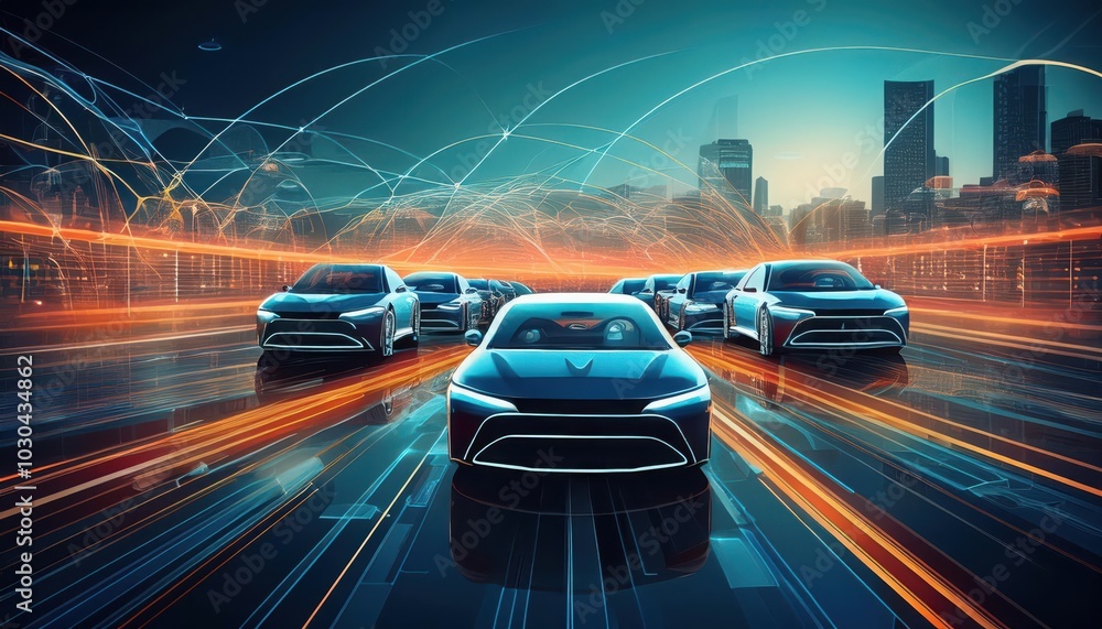 Fototapeta premium Futuristic cars racing through a city with glowing trails and digital elements.