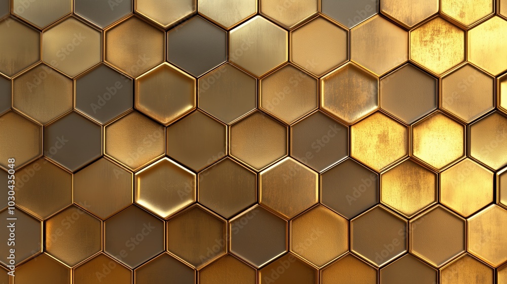 Golden hexagonal pattern creating a metallic honeycomb texture Golden hexagonal pattern creating a metallic honeycomb texture