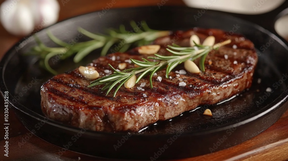 Grilled Steak with Herbs and Garlic on a Black Plate Grilled Steak with Herbs and Garlic on a Black Plate