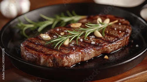 Grilled Steak with Herbs and Garlic on a Black Plate