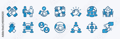 Set of successful business collaboration icon vector. Containing teamwork, cooperation, team working together, agreement, handshake,  support, help, group people, partnership, organization